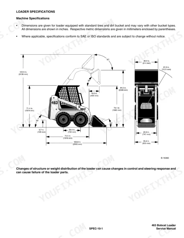 Bobcat 463 loader specifications diagram showing machine dimensions in inches and millimeters for height, length, and width.