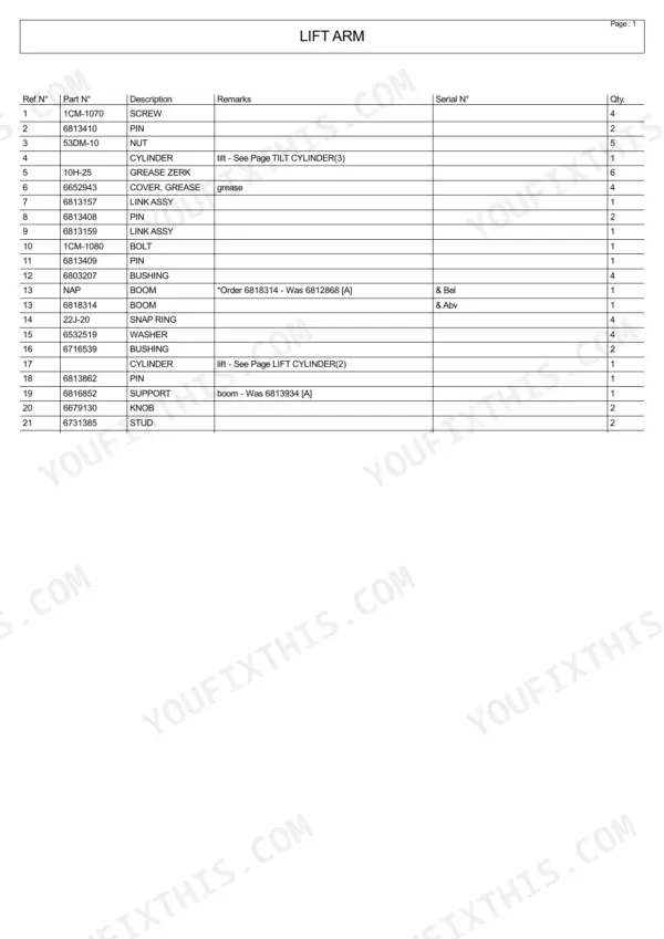 Bobcat 5600 parts list table for lift arm assembly including boom, cylinders, pins, bushings, and hardware components.