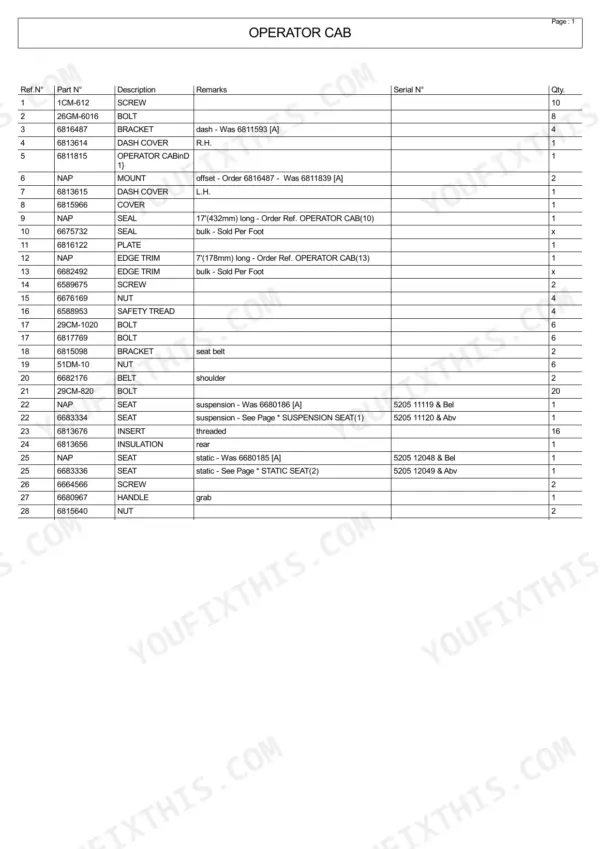 Bobcat 5600 parts list table for Operator Cab components including seats, belts, dash covers, and mounting hardware.