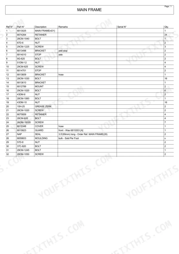 Bobcat 5600 parts list table for main frame components including brackets, bolts, nuts, and axle stops.