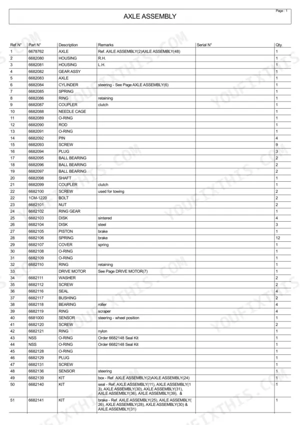Bobcat 5600 parts list table for the axle assembly, including reference numbers, part numbers, and component descriptions.