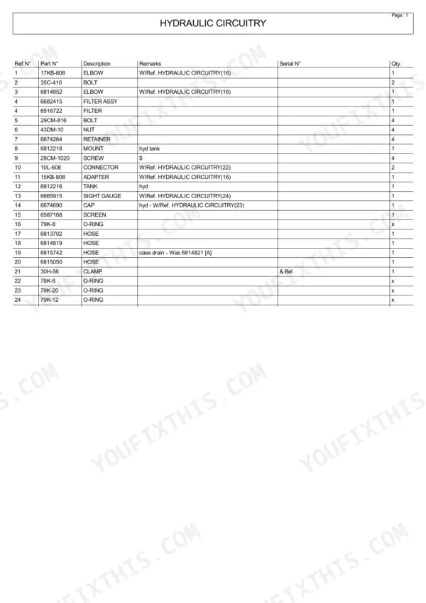 Bobcat 5600 parts list table for hydraulic circuitry components including tank, filter, hoses, and sight gauge.