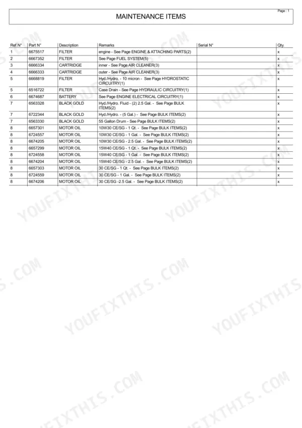 Bobcat 5600 maintenance items parts list table showing filters, battery, hydraulic fluid, and motor oil part numbers.