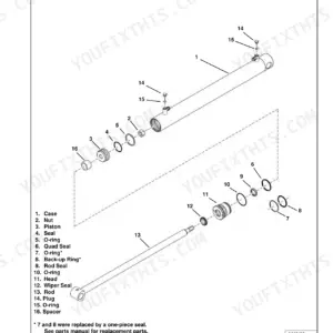 Bobcat MT85 lift cylinder exploded view diagram with numbered parts list including piston, rod, seals, and head.