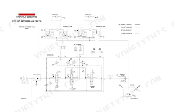 Bobcat MT85 hydraulic schematic showing hydrostatic pumps, drive motors, lift/tilt cylinders, and control valve circuits.