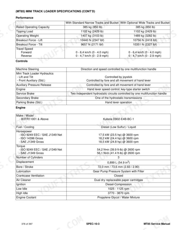 Bobcat MT85 service manual performance, controls, and Kubota engine specifications table.