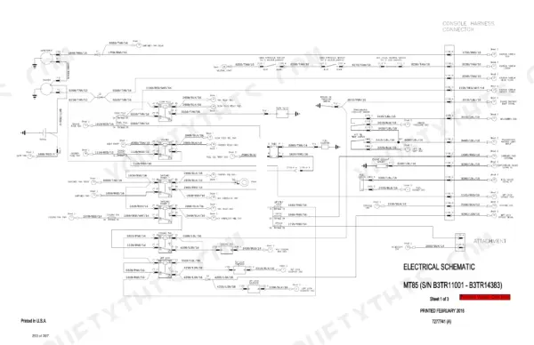 Bobcat MT85 electrical schematic showing console harness connector, relays, and sensors for engine and hydraulic systems.