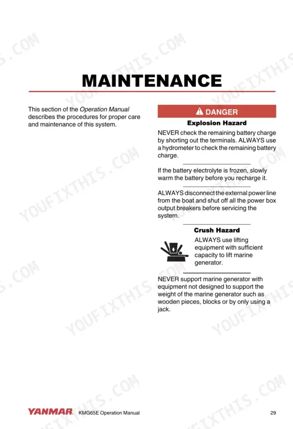 Yanmar KMG65E-S3, KMG65E-S6, KMG65E-K3, KMG65E-K6 maintenance manual page showing battery explosion and crush safety hazards.
