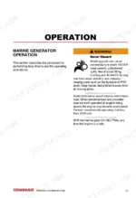 c38fa129-b-operations-27 Yanmar KMG65E-S3, KMG65E-S6, KMG65E-K3, KMG65E-K6 marine generator operation manual page with rotating parts safety warning.