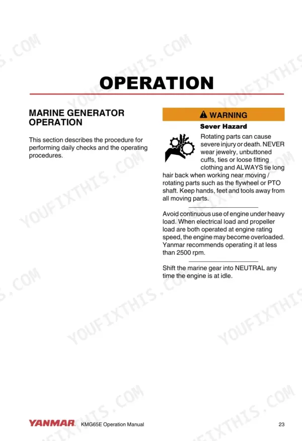 c38fa129-b-operations-27 Yanmar KMG65E-S3, KMG65E-S6, KMG65E-K3, KMG65E-K6 marine generator operation manual page with rotating parts safety warning.