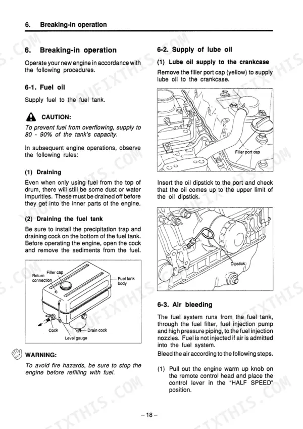 Yanmar GM series breaking-in operation, fuel tank draining, lube oil supply, and air bleeding procedures manual page.