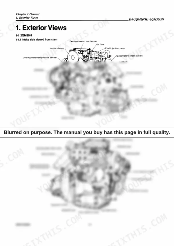 c6c77f5a-b2-specs-5 Yanmar 2QM20, 3QM30 exterior view diagrams showing intake and exhaust sides.