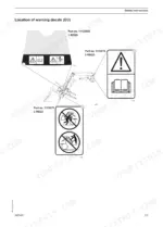 c8b461d1-b2-page-13 Quicke Q20-Q85 loader diagram showing EU warning decal locations, part numbers 1113835, 1123674, and 1123673 with safety symbols.