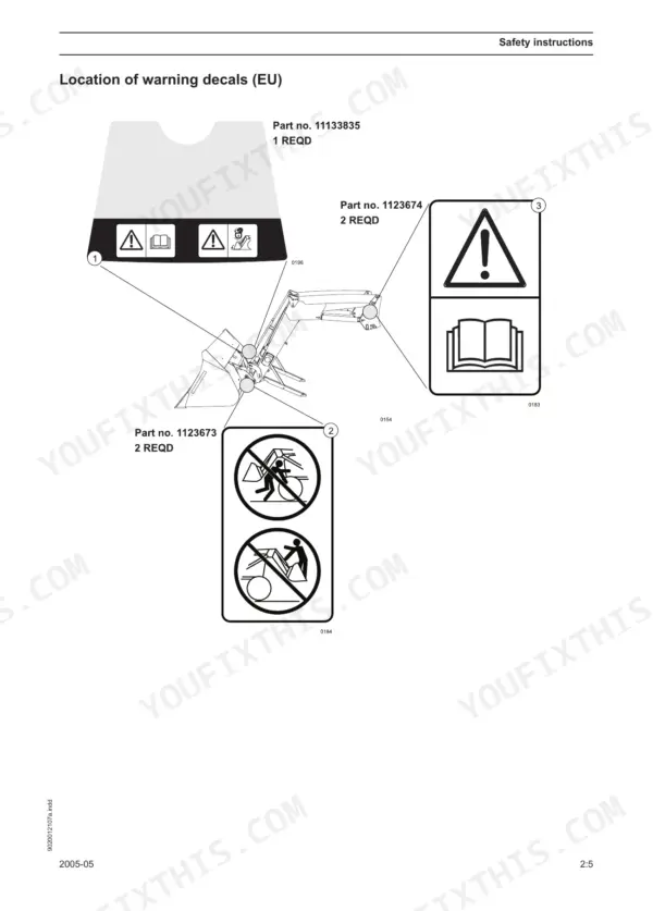 Quicke Q20-Q85 loader diagram showing EU warning decal locations, part numbers 1113835, 1123674, and 1123673 with safety symbols.