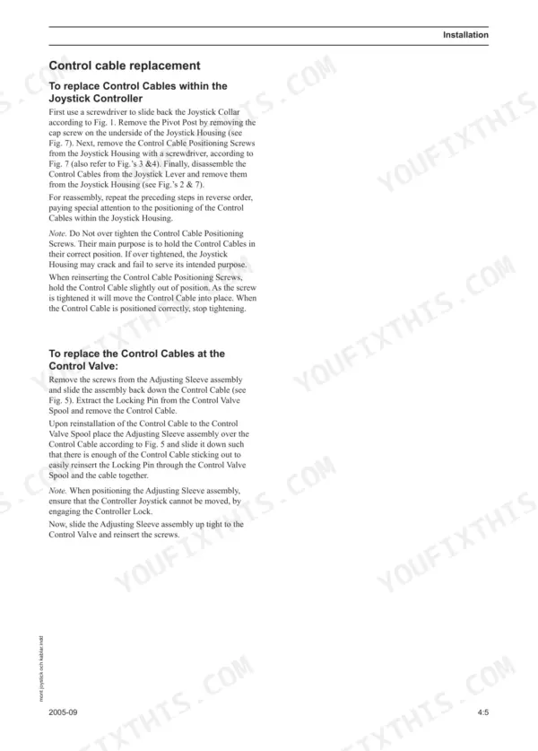 Quicke Q20-Q85: Procedures for replacing control cables in the joystick controller and at the control valve.