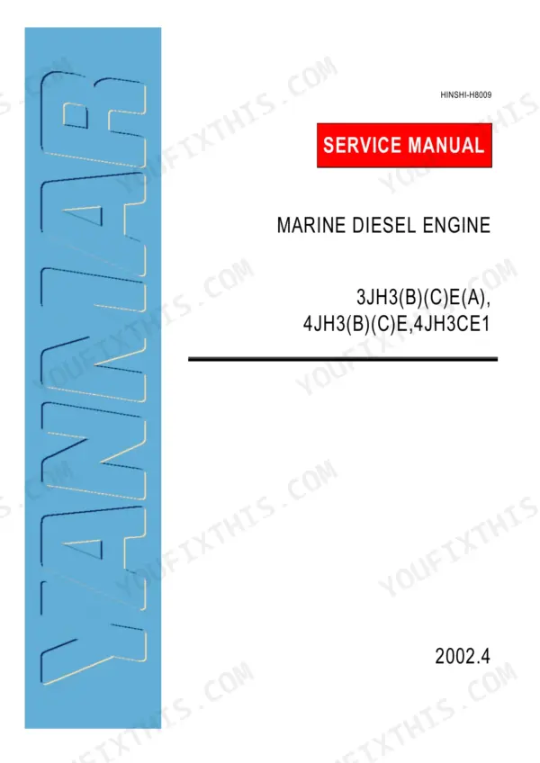 Yanmar 3JH3(B)(C)E(A), 4JH3(B)(C)E, 4JH3CE1 marine diesel engine service manual cover page, dated 2002.4.