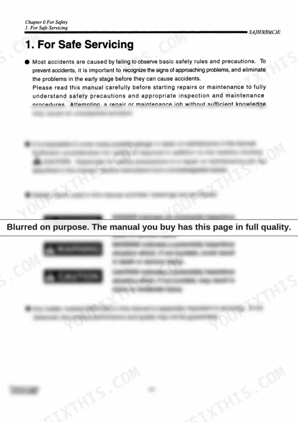 Yanmar 3JH3(B)(C)E(A), 4JH3(B)(C)E, 4JH3CE1 service manual page defining safety symbols, danger, warning, and caution labels.