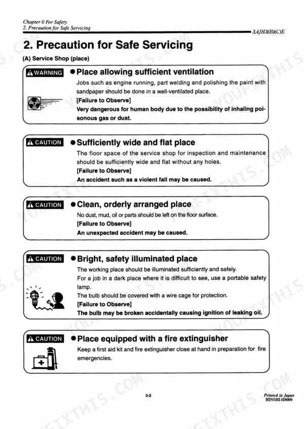 Yanmar 3JH3(B)(C)E(A), 4JH3(B)(C)E, 4JH3CE1 service manual safety precautions for service shop environment.