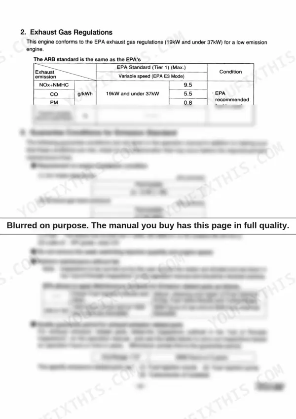 Yanmar 3JH3(B)(C)E(A), 4JH3(B)(C)E, 4JH3CE1 exhaust gas regulation standards, emission tables, and maintenance schedules.