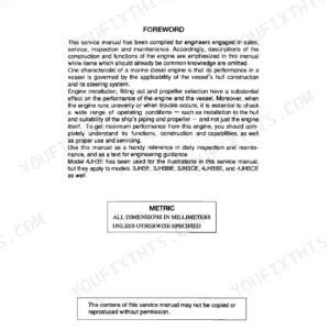 Yanmar 3JH3(B)(C)E(A), 4JH3(B)(C)E, 4JH3CE1 service manual foreword page with metric measurement specifications.