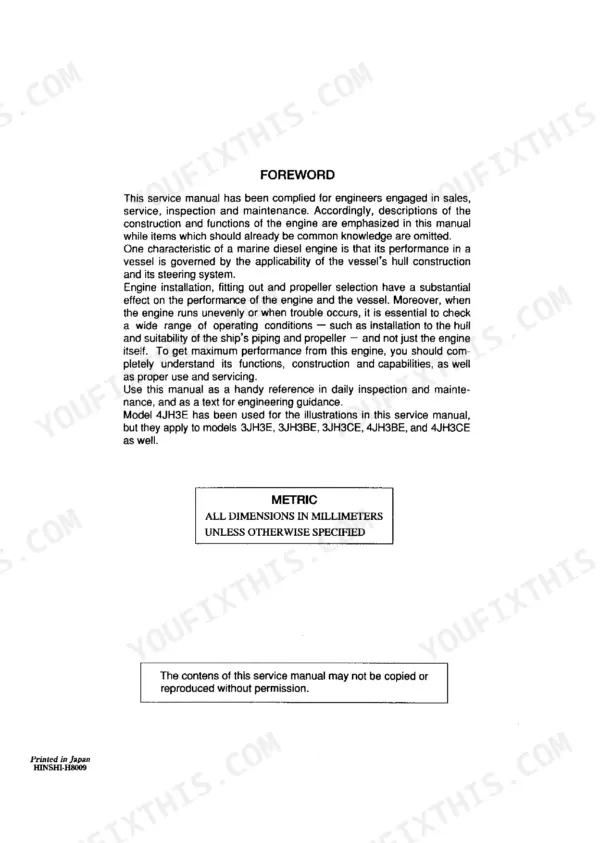 c8b92c3c-b-toc-3 Yanmar 3JH3(B)(C)E(A), 4JH3(B)(C)E, 4JH3CE1 service manual foreword page with metric measurement specifications.