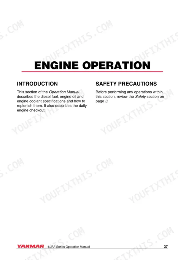 Yanmar 6LPA-STP2, 6LPA-STZP2 engine operation manual introduction and safety precautions page.