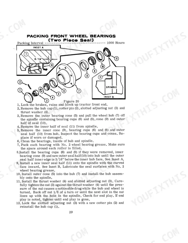 Case 1031, 1032, 1031 General Purpose, 1032 Special front wheel bearing packing procedure and exploded view diagram.