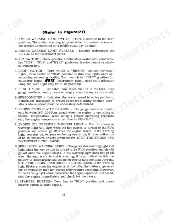 Case 1031, 1032, 1031 General Purpose, 1032 Special instrument panel controls and warning light descriptions.