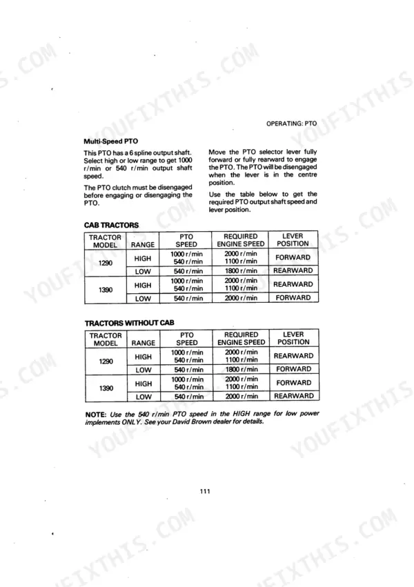 Case 1290, 1390 multi-speed PTO operating tables for cab and non-cab tractor models showing speed and lever positions.