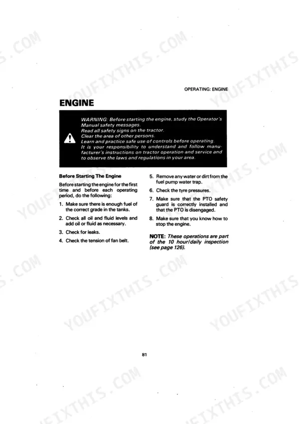 Case 1290, 1390 engine operating manual page showing safety warnings and daily pre-start inspection procedures.
