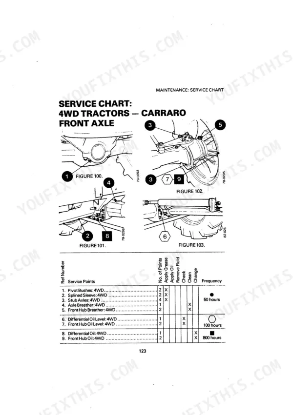 Case 1290, 1390 maintenance service chart for Carraro 4WD front axle with lubrication and oil change diagrams.