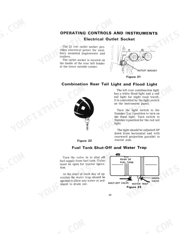 Case 1370, 1370 Tractor manual showing electrical outlet, tail light, flood light, and fuel tank shut-off valve diagrams.