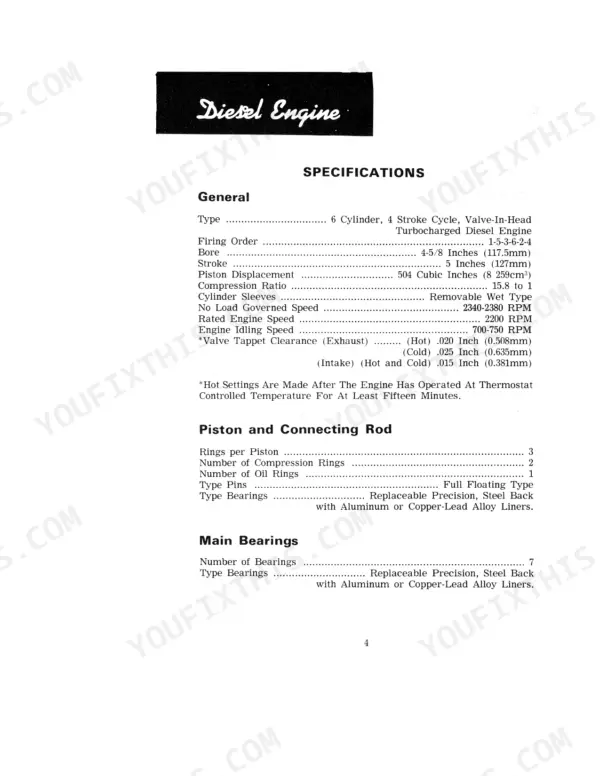 Case 1370, 1370 Tractor diesel engine specifications table including bore, stroke, firing order, and valve clearances.