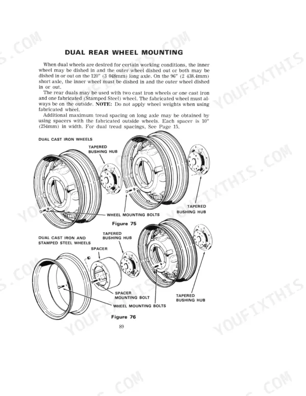 Case 1370, 1370 Tractor dual rear wheel mounting diagrams showing cast iron and stamped steel wheel assembly procedures.