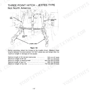 Case 1494 Tractor Jeffes type three-point hitch diagram with linkage length adjustment specifications table.