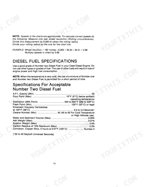 Case 1494 Tractor diesel fuel specifications table and calculation guide for wheel revolution and rolling radius.