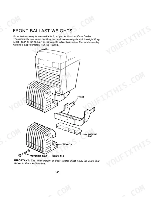 Case 1494 Tractor exploded view diagram of front ballast weights, mounting frame, locking bar, and fastening bolts.