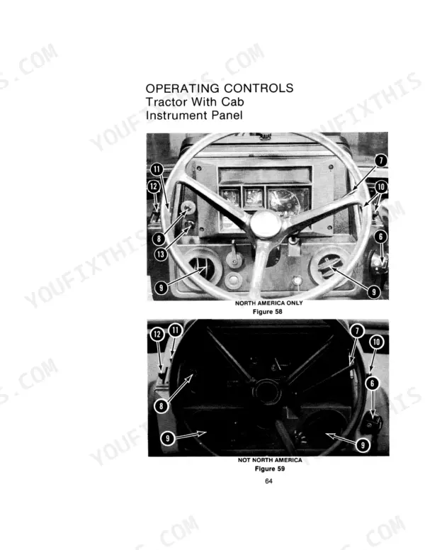 Case 1494 Tractor operating controls, instrument panel diagrams for North America and non-North America cab models.
