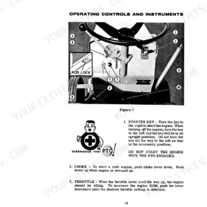 Case 150, 190 operating controls and instruments diagram showing starter key, choke, and throttle lever locations.