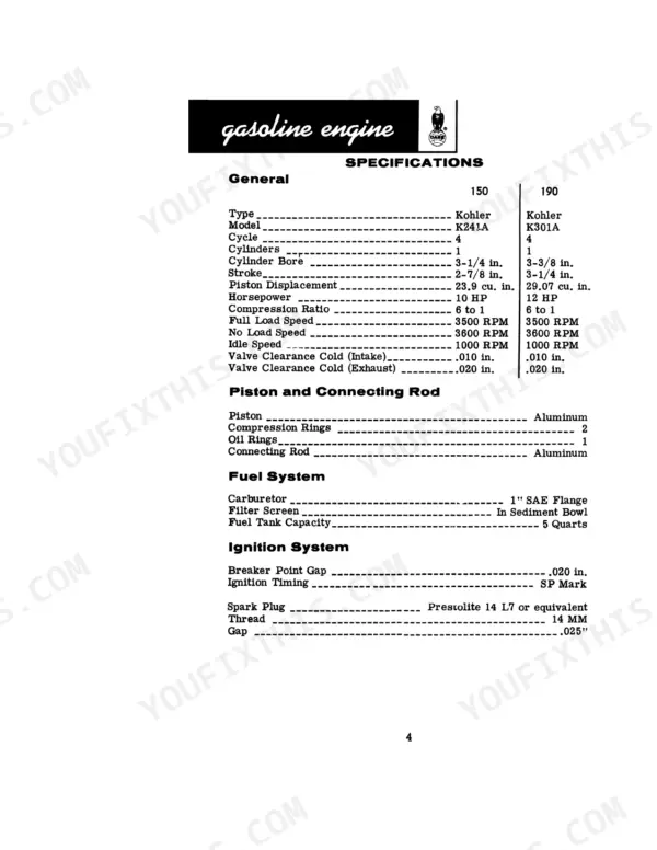 Case 150, 190 gasoline engine specifications table for Kohler K241A and K301A engines including fuel and ignition systems.