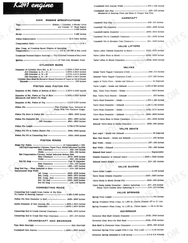 Case 150-190, T90, 2310, 2510, 2712 Kohler K241 engine technical specifications table for pistons, valves, and crankshaft.