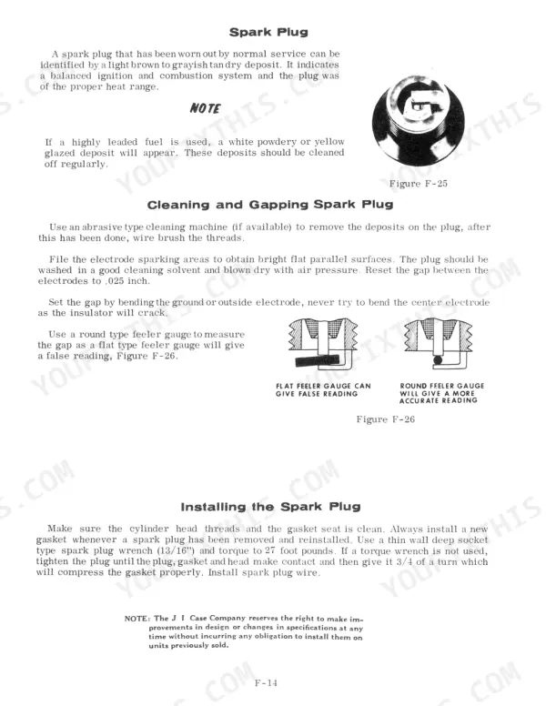 Case 150-190, T90, 2310, 2510, 2712 spark plug cleaning, gapping, and installation procedure with feeler gauge diagrams.