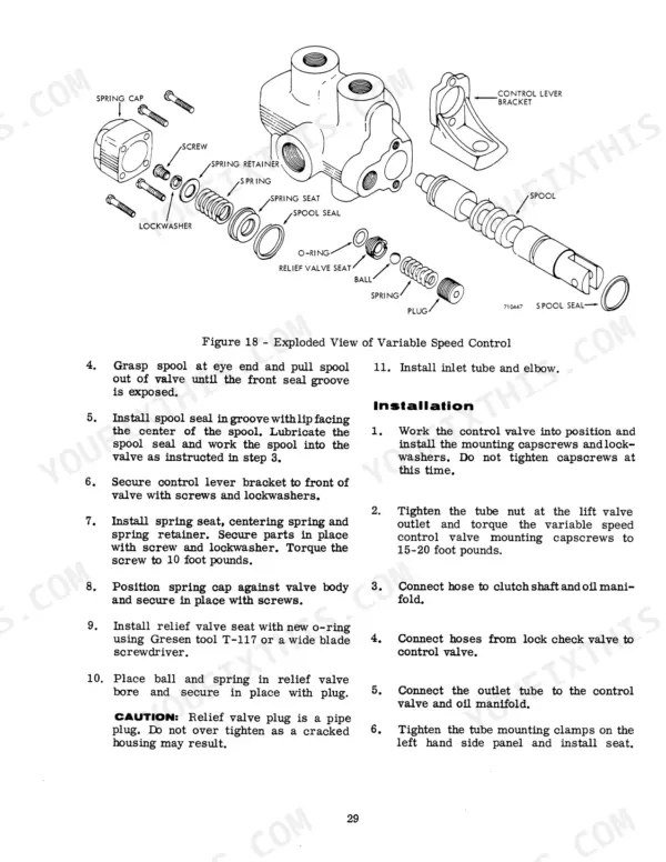 Case 1526, 1530, 1537, 1500 SERIES UNI-LOADERS exploded view of variable speed control valve and installation procedures.
