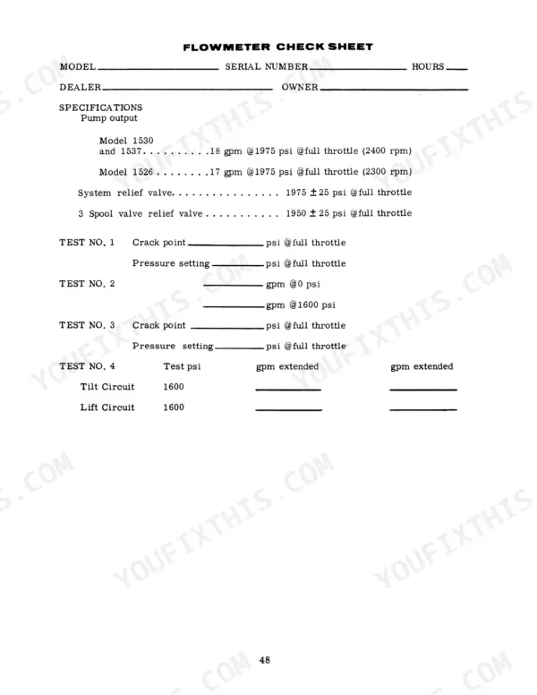 Case 1526, 1530, 1537, 1500 SERIES UNI-LOADERS flowmeter check sheet with hydraulic pump output and relief valve specs