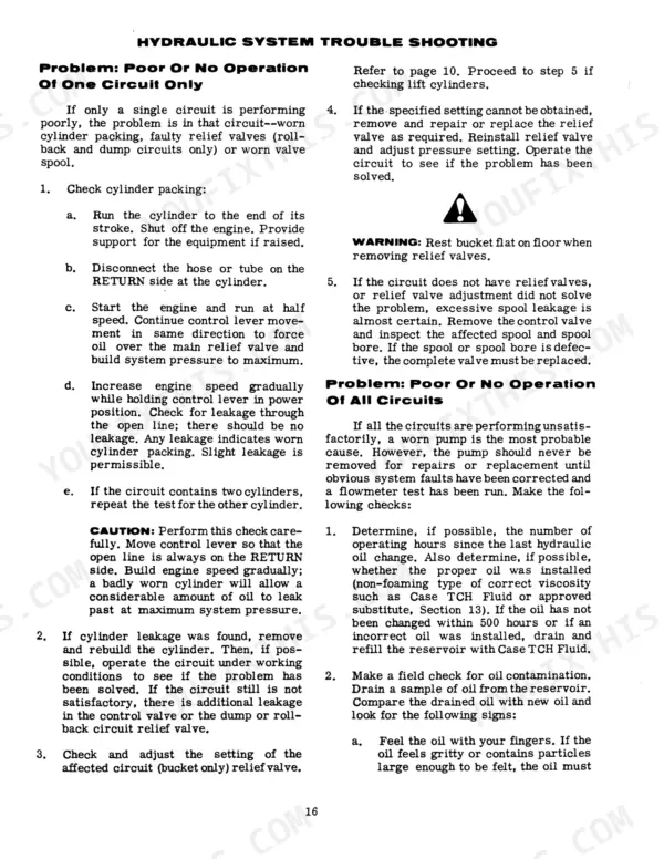 Case 1526, 1530, 1537, 1500 SERIES UNI-LOADERS hydraulic system troubleshooting guide for single and all circuit failures.