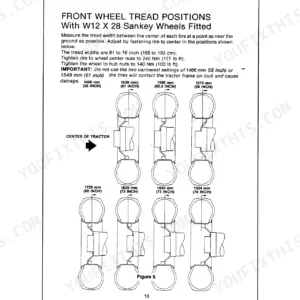 Case 1694 front wheel tread positions diagram for W12 x 28 Sankey wheels showing adjustment settings and torque specs.