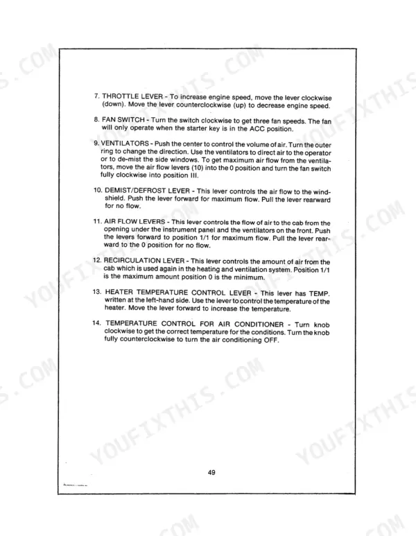 Case 1694 operator manual page detailing throttle, fan, ventilator, demist, air flow, recirculation, and heater controls.