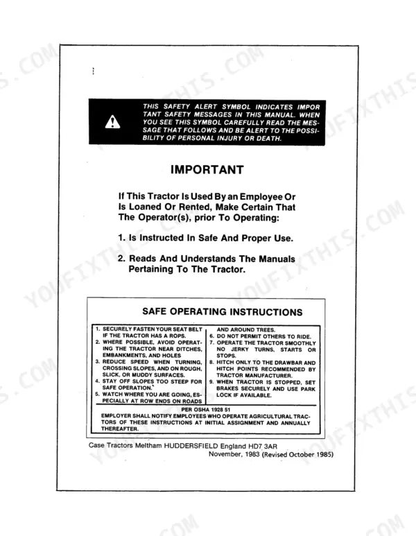 Case 1694 tractor operator manual page featuring safety alert symbol, operator instructions, and safe operating rules.