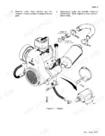 Case 1816, 1816 UNI-LOADER engine removal procedure and exploded view diagram showing muffler, starter, and torque specs.