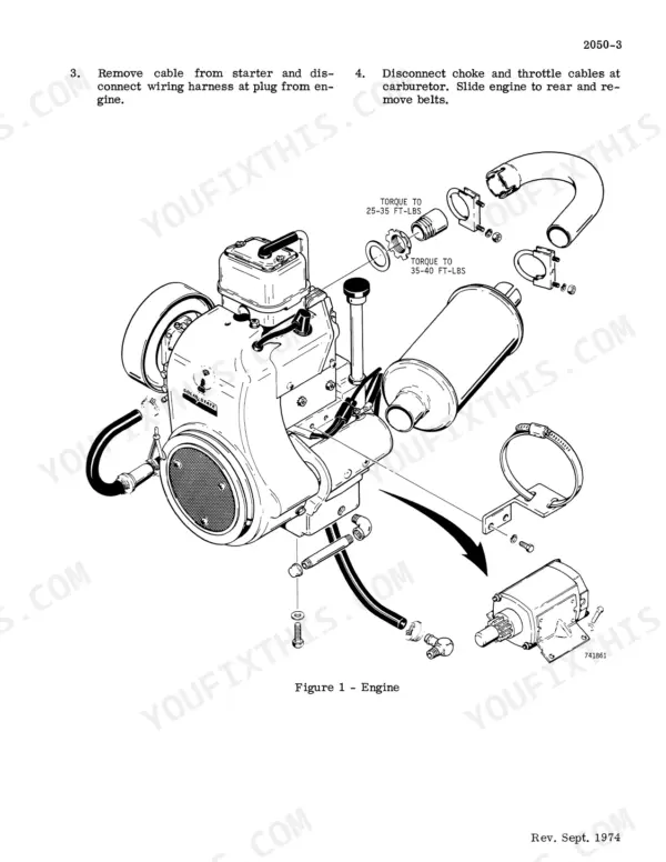 Case 1816, 1816 UNI-LOADER engine removal procedure and exploded view diagram showing muffler, starter, and torque specs.